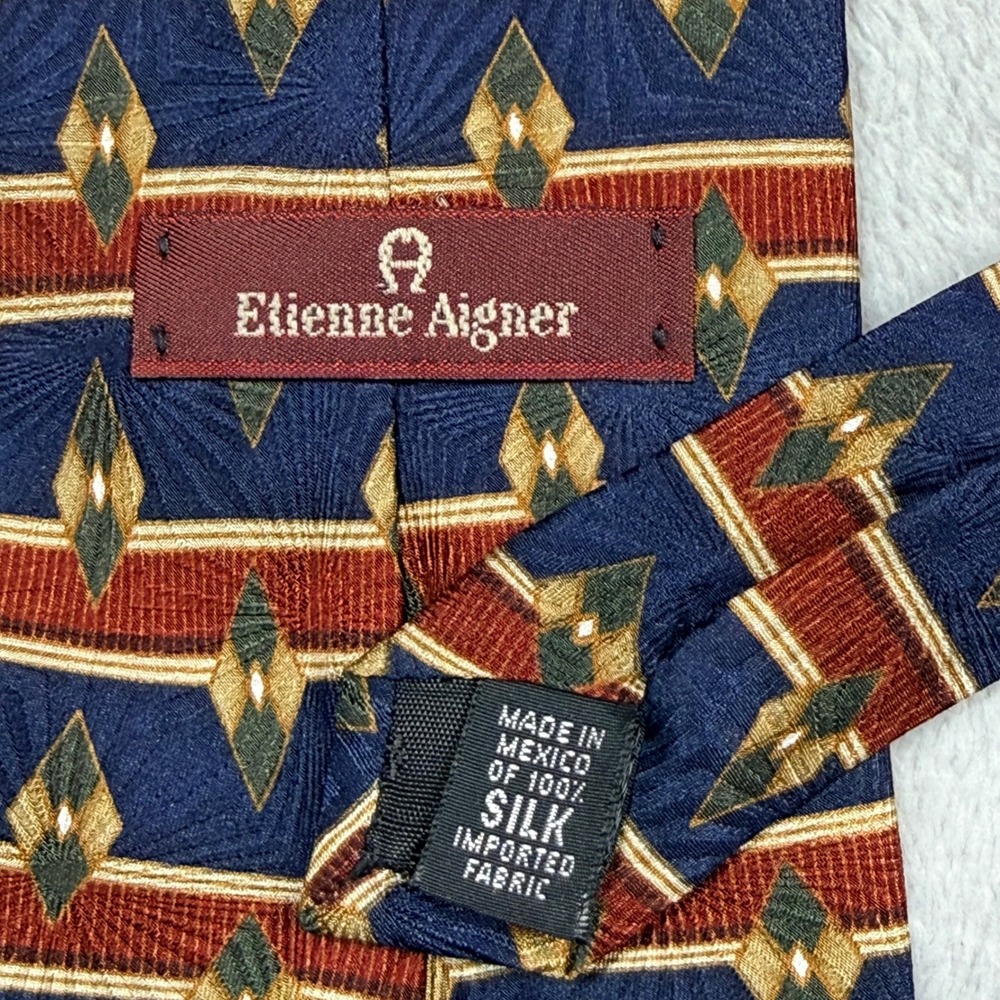 Etienne Aigner Silk Necktie Navy Blue Diamond Pattern Career Professional - Picture 2 of 5